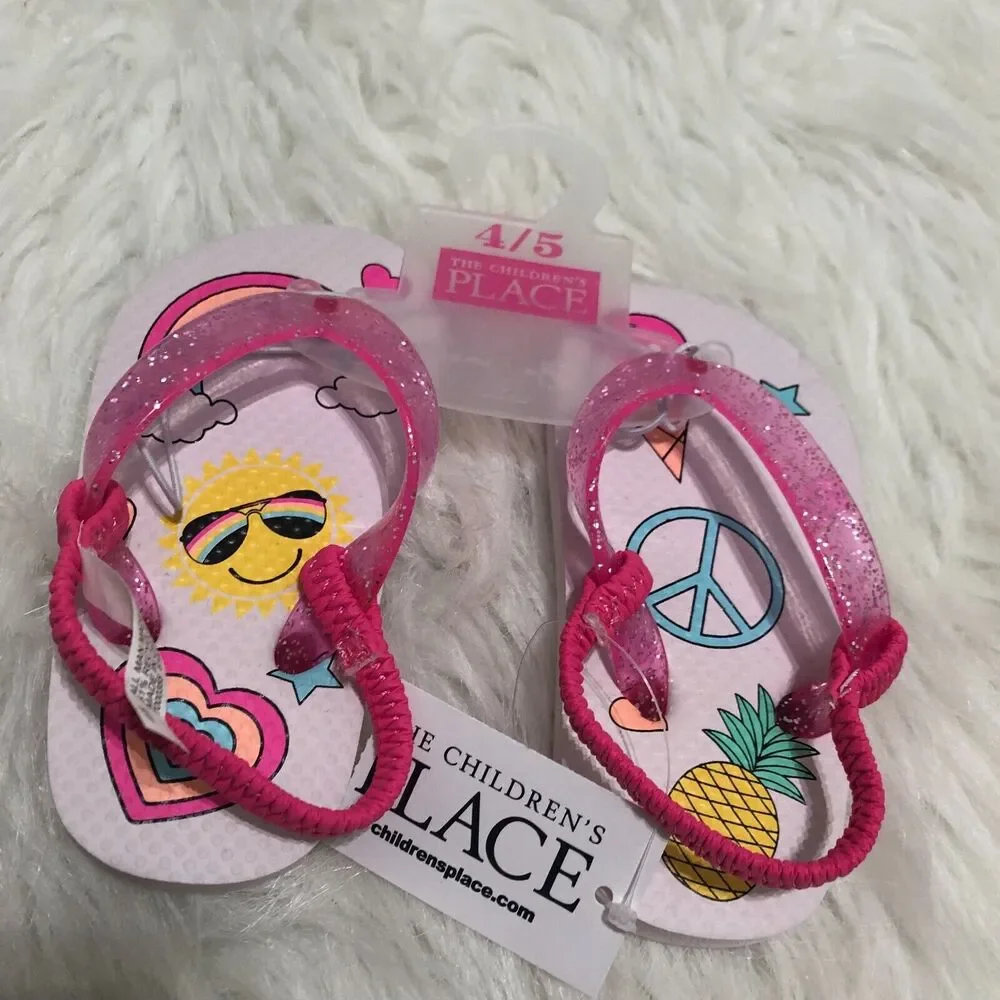 The Childrens Place Toddler Girls‎ Pink Glitter Graphic Flip Flops Size 4-5 NWT